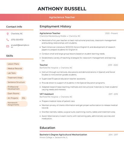 Agriscience Teacher Resume