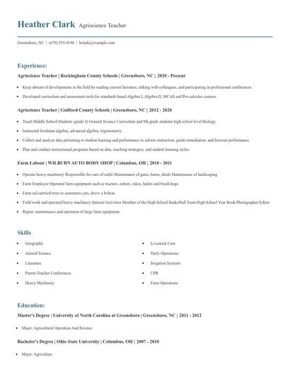 Agriscience Teacher Resume