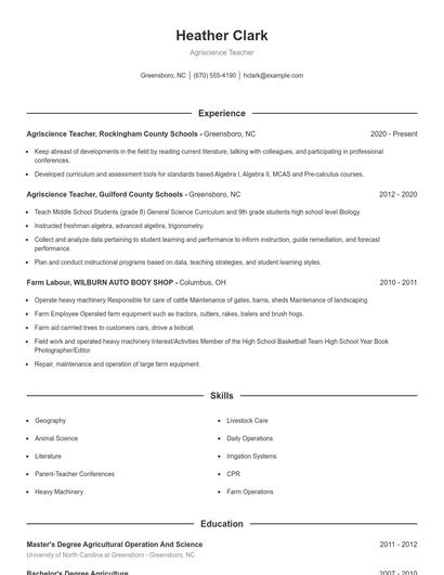 Agriscience Teacher Resume