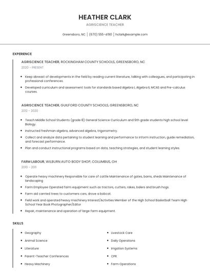 Agriscience Teacher Resume