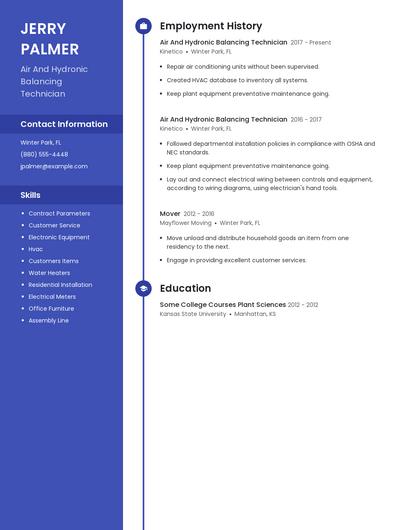 Air And Hydronic Balancing Technician Resume