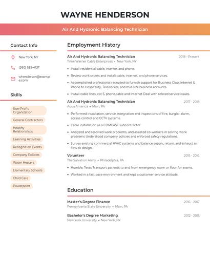 Air And Hydronic Balancing Technician Resume