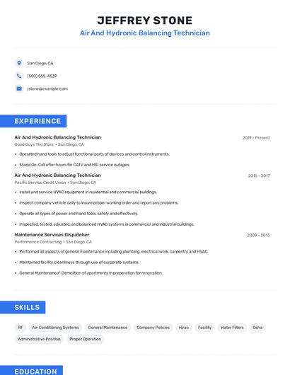 Air And Hydronic Balancing Technician Resume