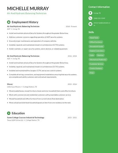 Air And Hydronic Balancing Technician Resume