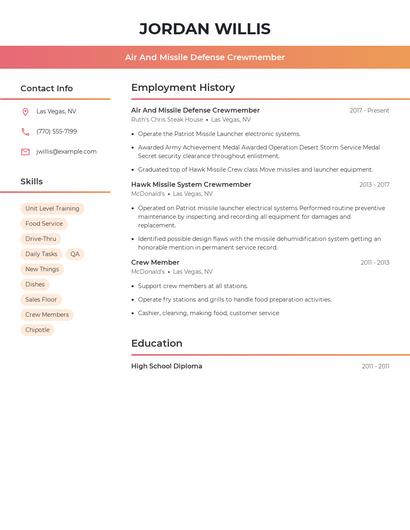 Air And Missile Defense Crewmember Resume