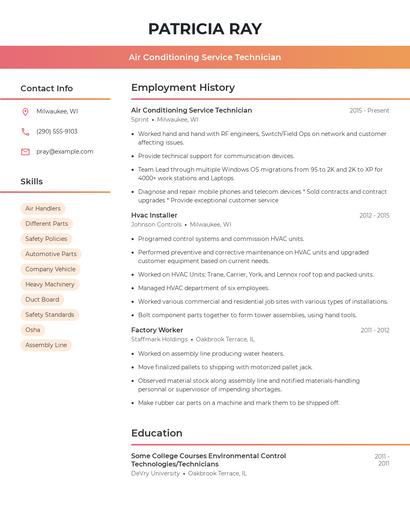 Air Conditioning Service Technician Resume