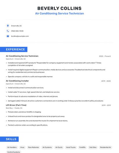 Air Conditioning Service Technician Resume