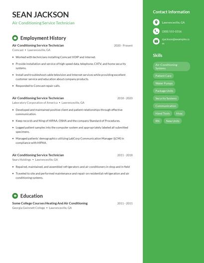 Air Conditioning Service Technician Resume