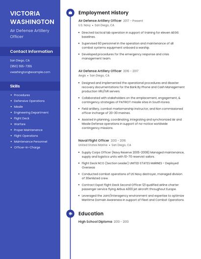 Air Defense Artillery Officer Resume