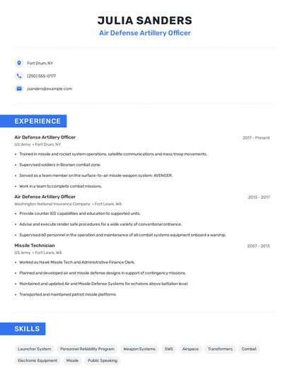Air Defense Artillery Officer Resume