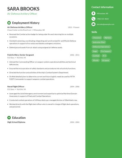 Air Defense Artillery Officer Resume
