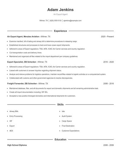 Air Export Agent Resume