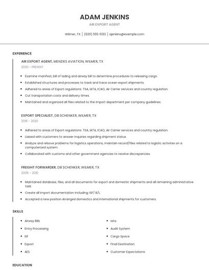 Air Export Agent Resume