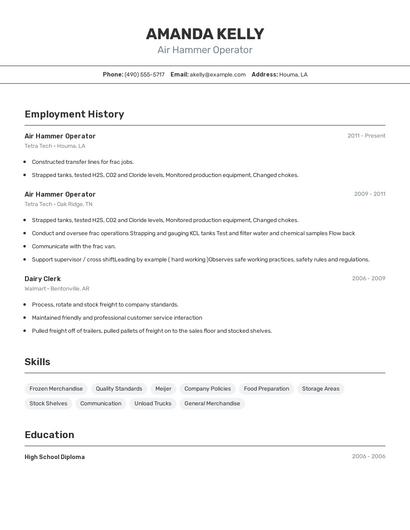 Air Hammer Operator Resume
