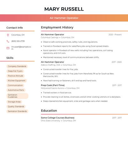 Air Hammer Operator Resume