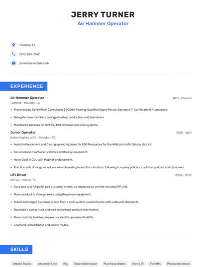 Air Hammer Operator Resume