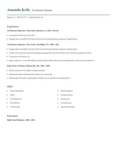 Air Hammer Operator Resume