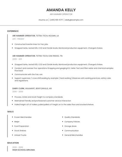 Air Hammer Operator Resume