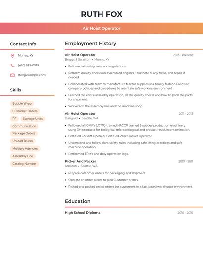 Air Hoist Operator Resume