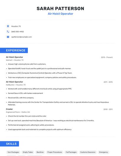 Air Hoist Operator Resume