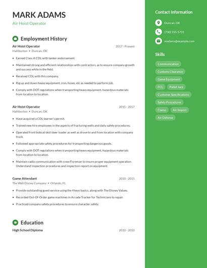 Air Hoist Operator Resume