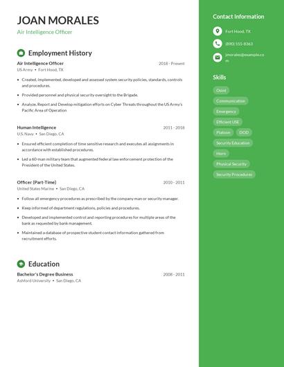 Air Intelligence Officer Resume