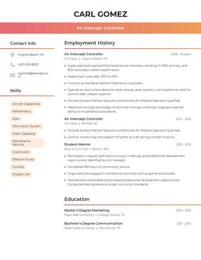 Air Intercept Controller Resume