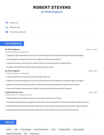 Air Plant Engineer Resume