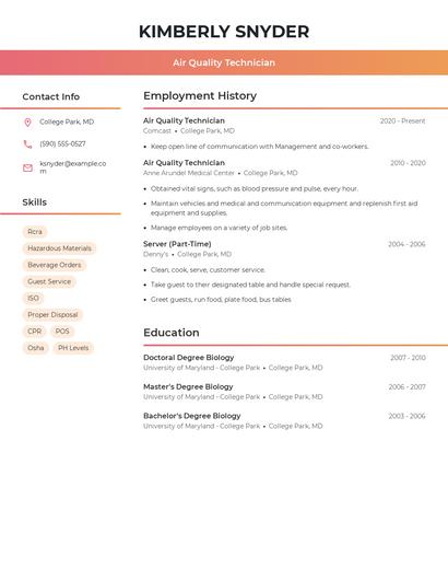 Air Quality Technician Resume