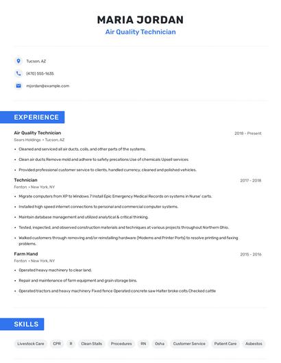 Air Quality Technician Resume