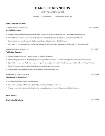 Air Table Operator Resume