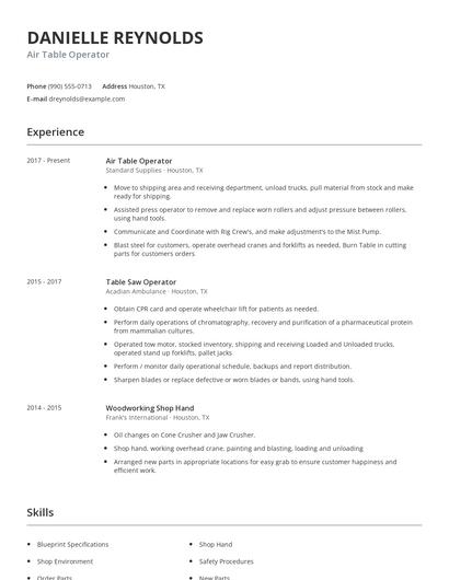 Air Table Operator Resume
