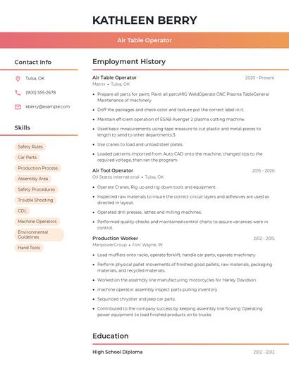 Air Table Operator Resume