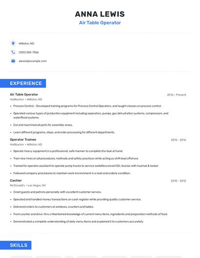 Air Table Operator Resume