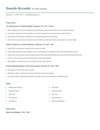 Air Table Operator Resume