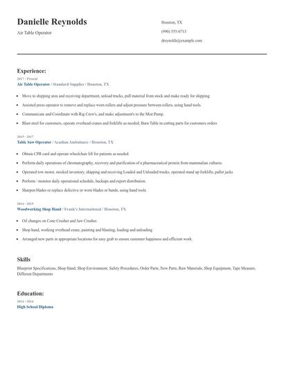 Air Table Operator Resume