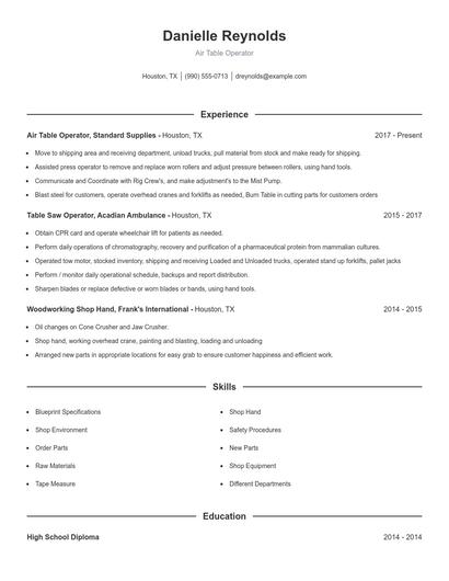 Air Table Operator Resume