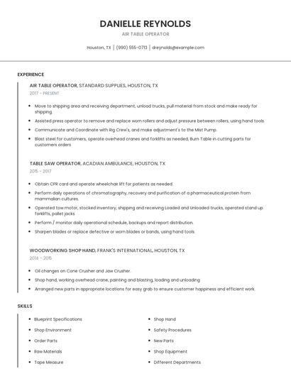 Air Table Operator Resume