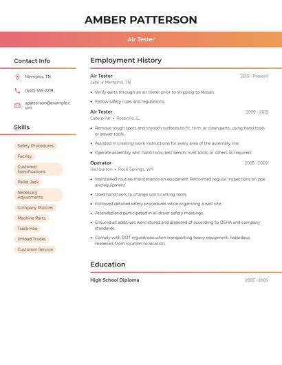 Air Tester Resume