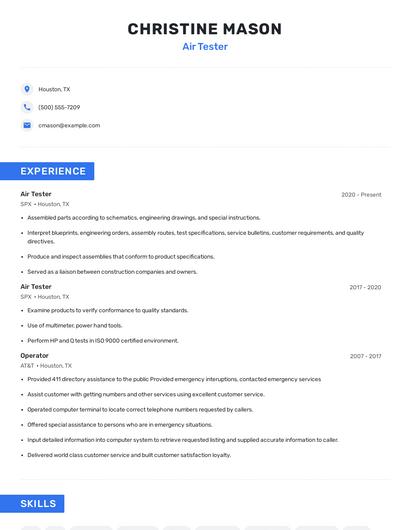 Air Tester Resume