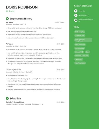 Air Tester Resume
