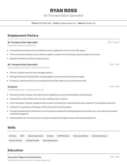 Air Transportation Specialist Resume