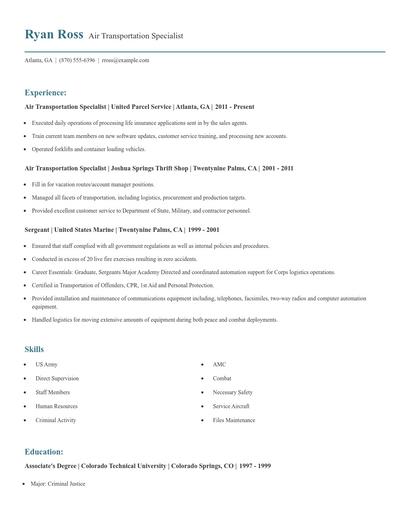 Air Transportation Specialist Resume
