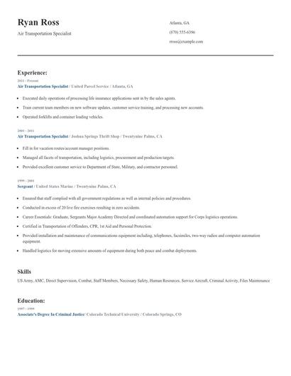 Air Transportation Specialist Resume