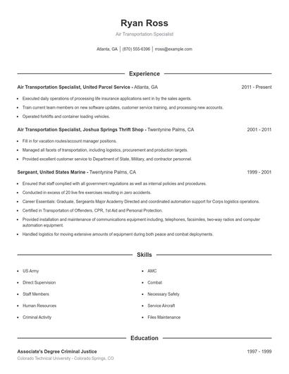 Air Transportation Specialist Resume