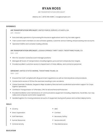 Air Transportation Specialist Resume
