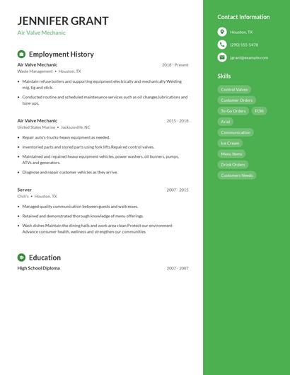 Air Valve Mechanic Resume