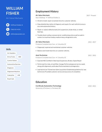 Air Valve Mechanic Resume