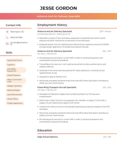 Airborne And Air Delivery Specialist Resume