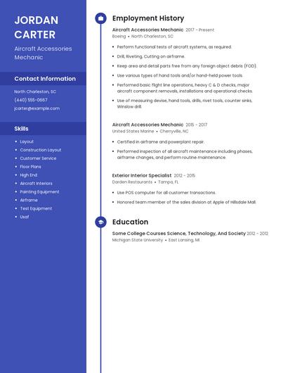 Aircraft Accessories Mechanic Resume